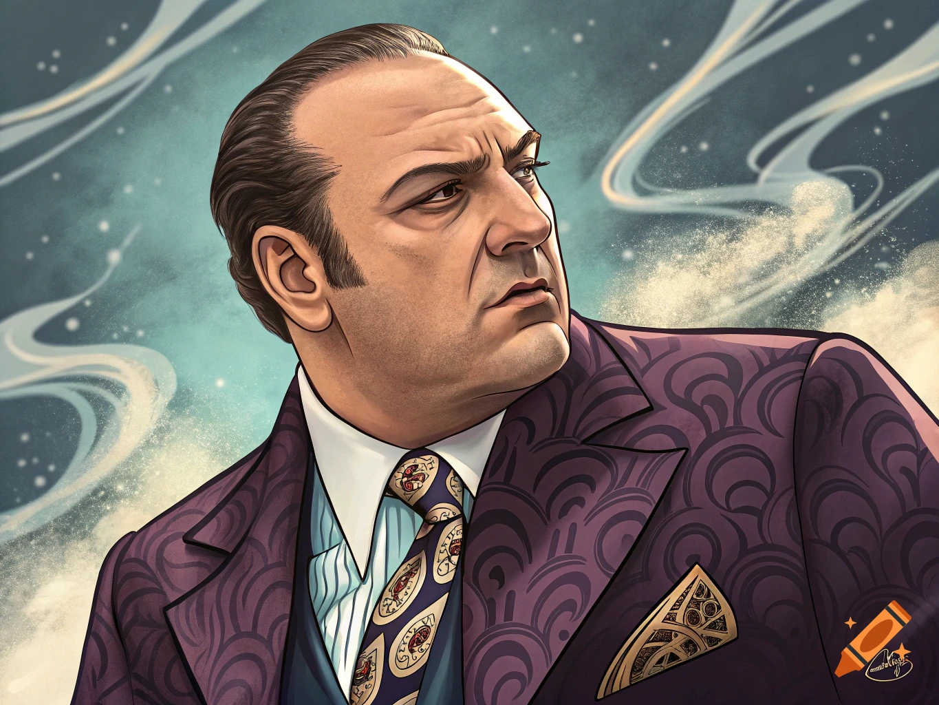 A stylized illustration of a serious-looking man with a receding hairline, wearing a purple patterned suit and a patterned tie, looking to the right. The background is light blue with white swirling patterns.