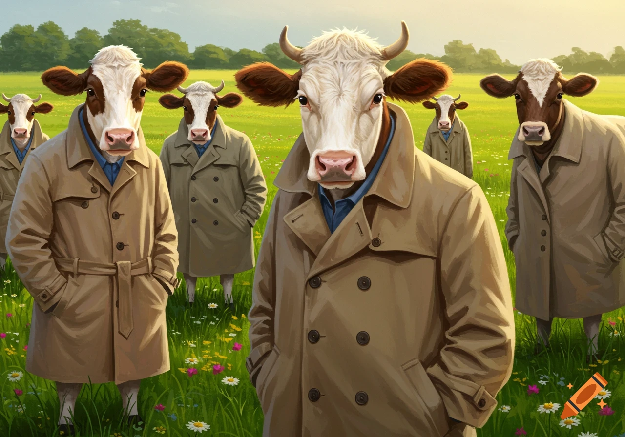 Cows in brown trench coats stand in a green field with wildflowers.