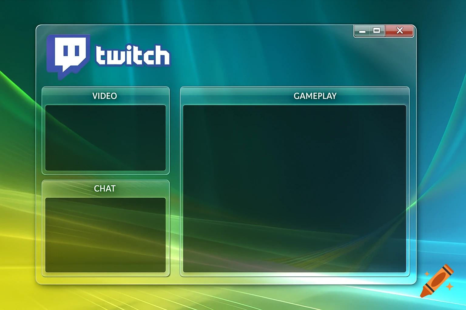 An empty Twitch stream overlay designed in the Windows Vista Aero Glass style, with sections for video, gameplay, and chat.