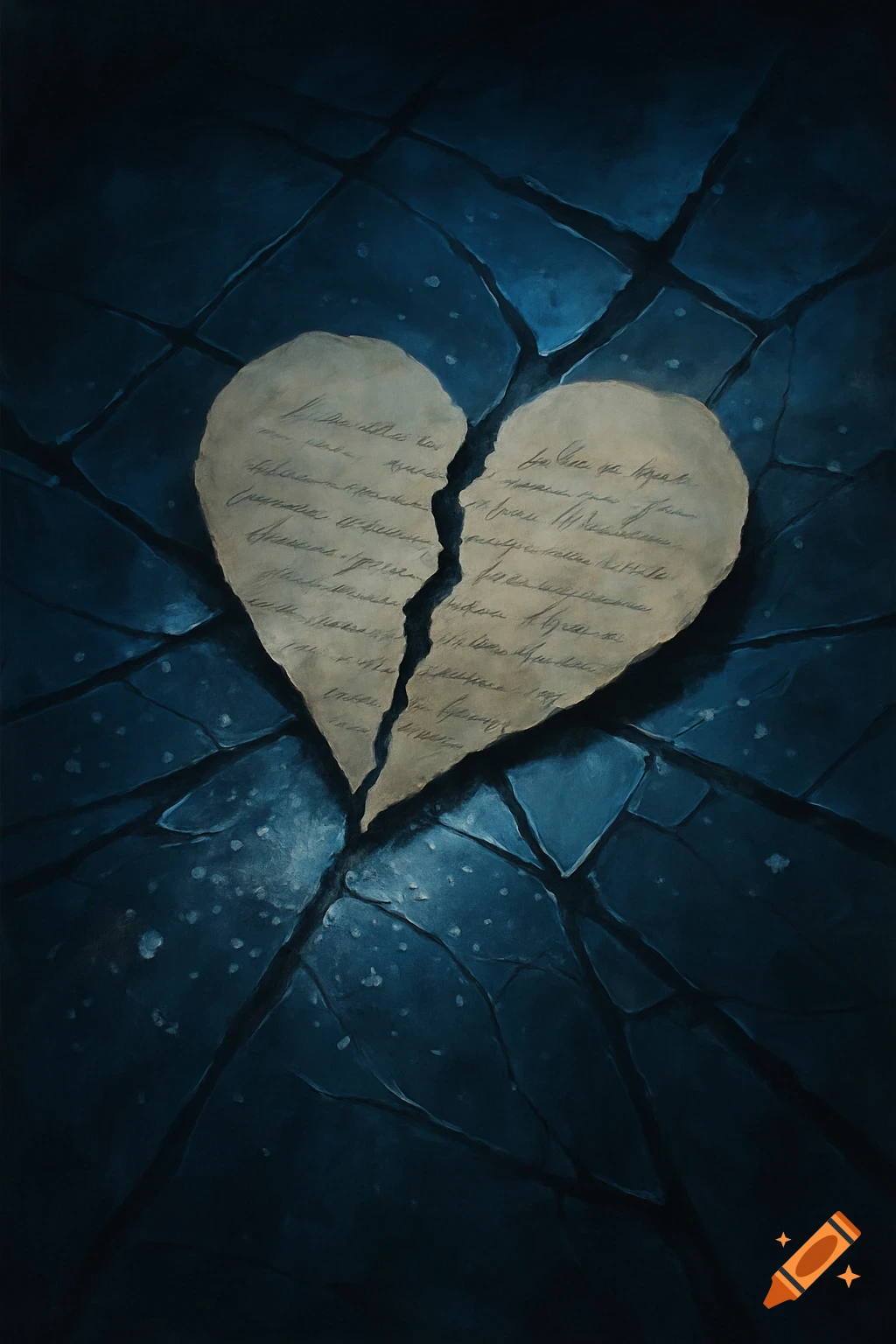 A broken paper heart, resembling a torn love letter, lies on a dark blue cracked surface, like a broken mirror.