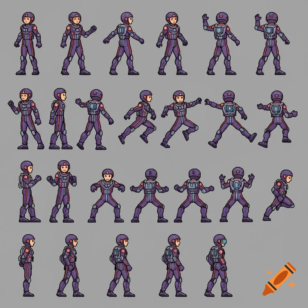 A pixel art spritesheet showing multiple poses of a character in a purple and orange futuristic flight suit on a gray background.