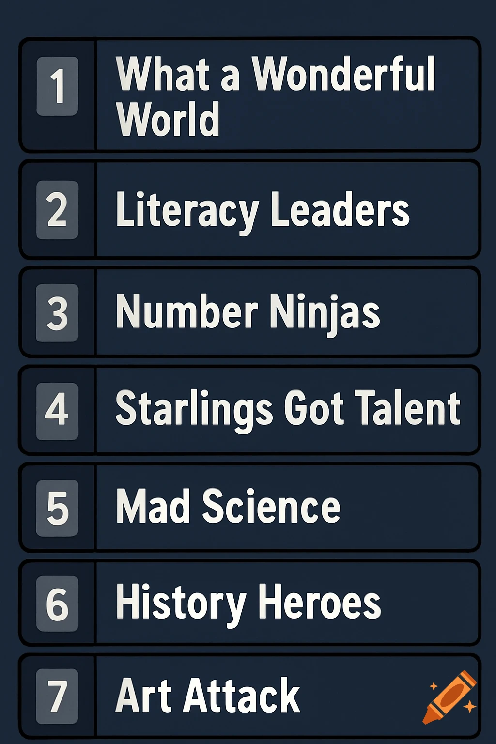 A TV guide style list showing 7 channels with titles like 'What a Wonderful World', 'Literacy Leaders', and 'Art Attack'.