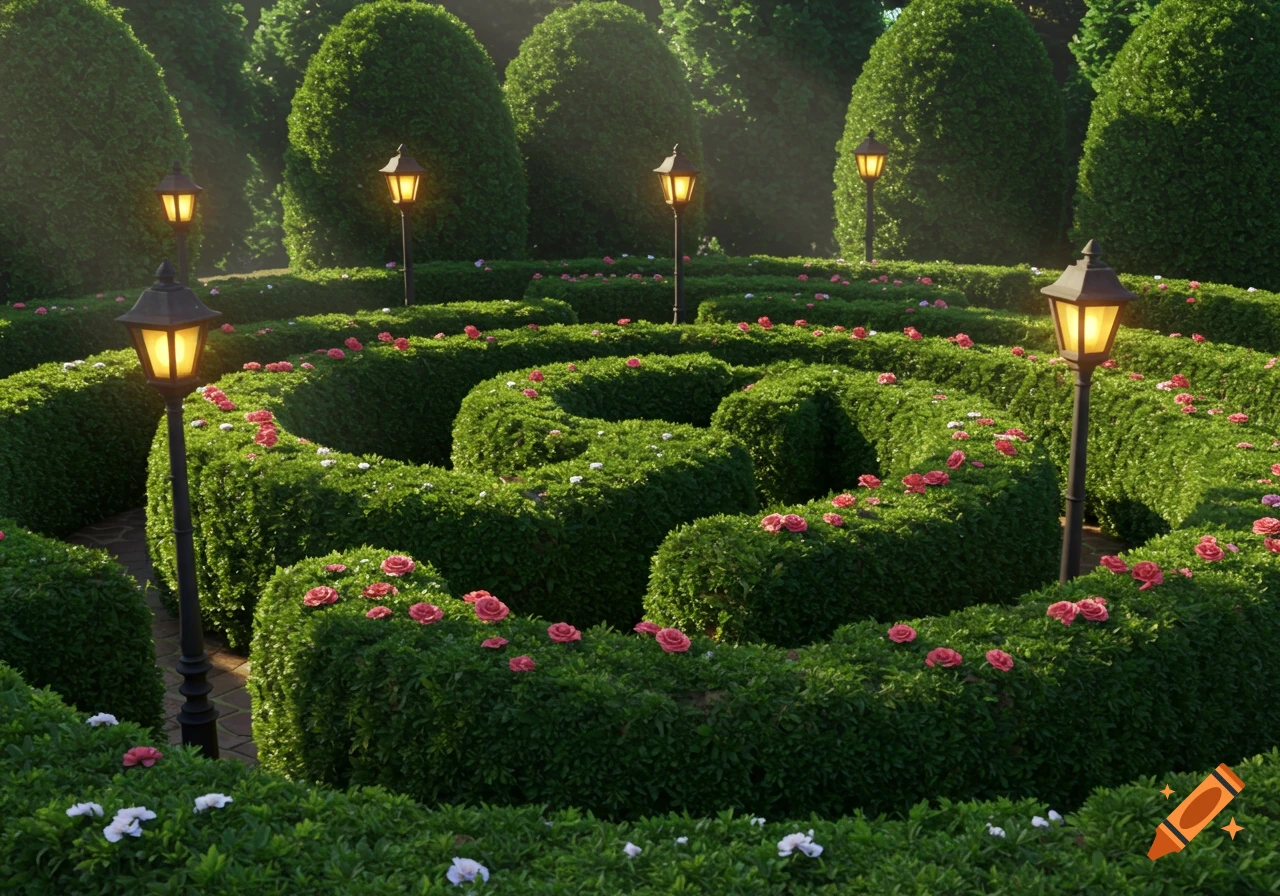 A detailed digital art rendering of a winding hedge maze with pink rose bushes and lit lampposts in a lush garden.