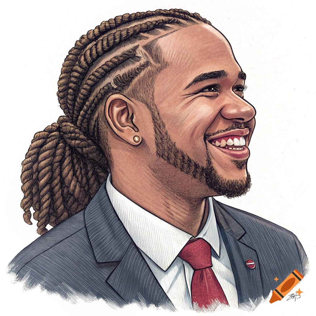 Illustration of a smiling man with braided cornrows and a beard, wearing a suit and red tie, looking to the right.