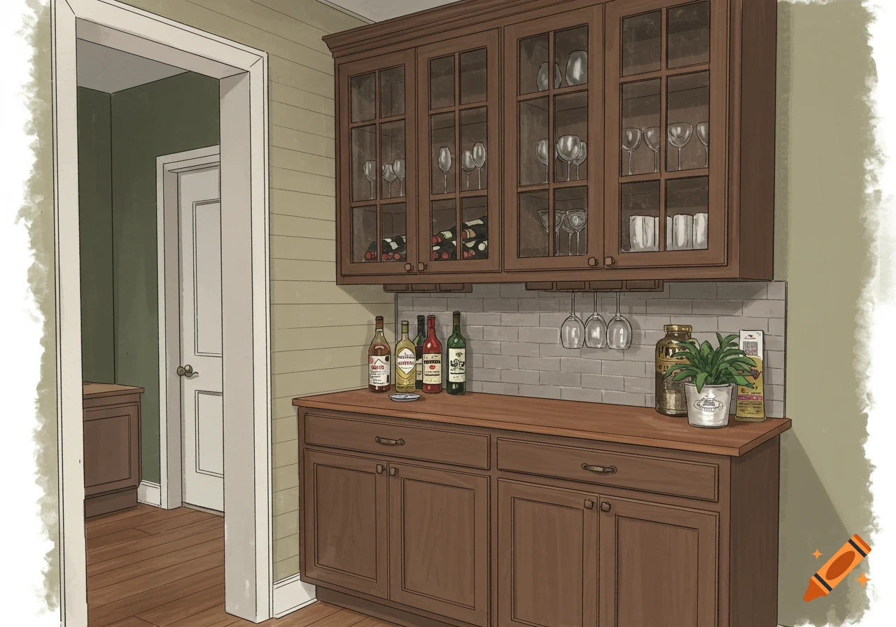 An illustrated dry bar with wood cabinets, glass doors, hanging wine glasses, and bottles on a counter in a home interior.