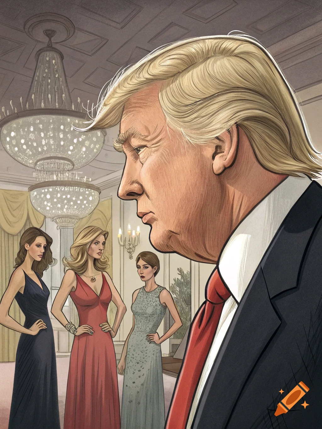 An illustration of Donald Trump in profile looking down at three women in evening gowns inside a grand room with chandeliers.