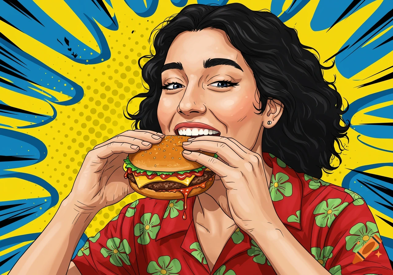 Pop art illustration of a woman in a red floral shirt eating a burger, against a vibrant yellow and blue comic book background.
