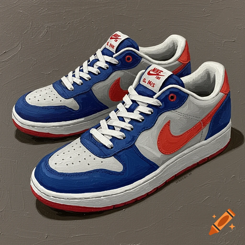 A pair of blue, white, and red Nike sneakers with white laces, rendered in an oil painting style on a gray background.