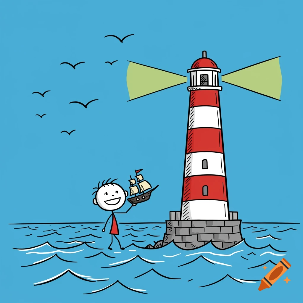A stick figure child stands in the sea, holding a small ship, next to a red and white lighthouse, with birds flying above.
