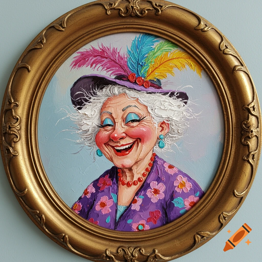 An oil painting of a cartoonish old lady in a hat with colorful feathers, smiling widely, in a gold oval frame.