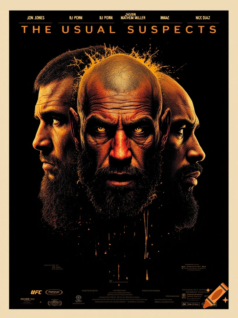 A movie poster for 'The Usual Suspects' featuring three intense, bearded men, the central one with glowing golden eyes, against a black background with golden splatter effects.