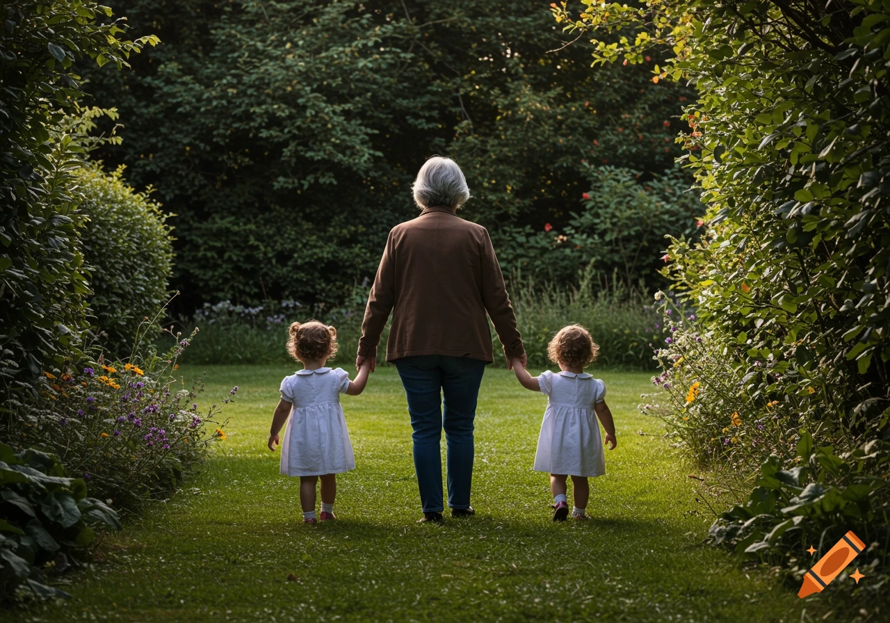A grandmother and two young girls walk away from the camera, holding hands down a sunny garden path surrounded by lush greenery.