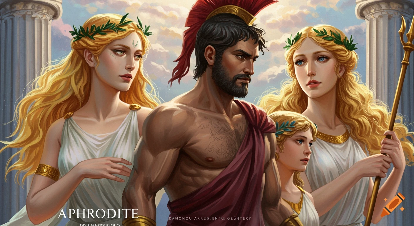 Illustration of Greek gods Ares and Aphrodite with two other women in classical attire, standing before columns under a sky.
