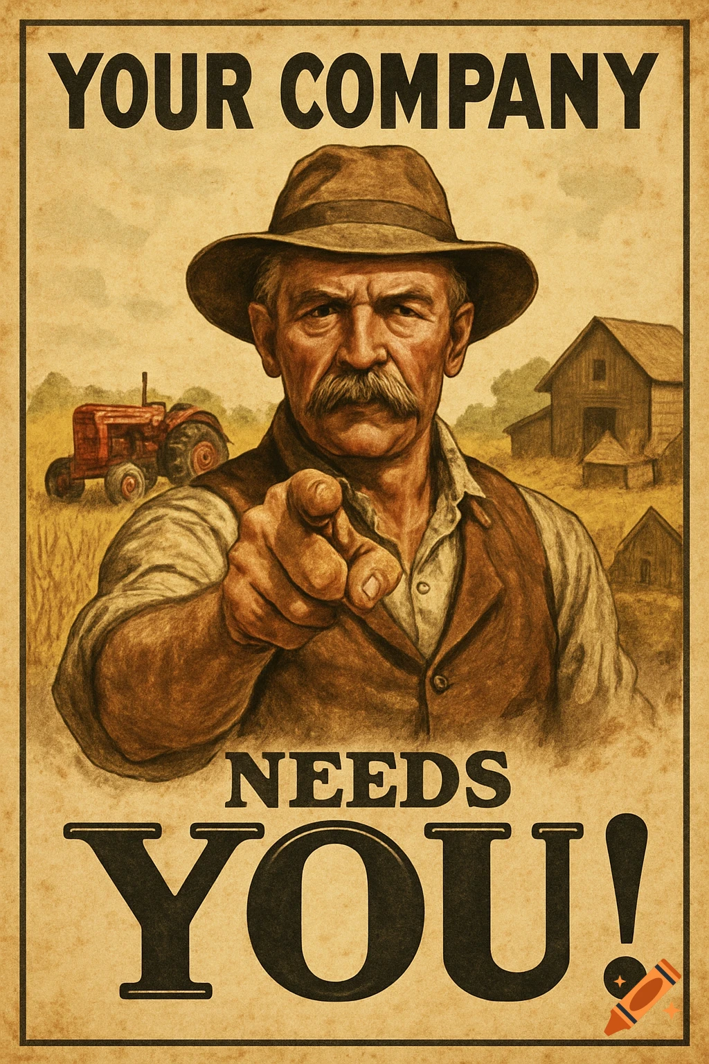 A vintage propaganda poster depicts a stern farmer in a hat pointing, with a tractor and barns in the background. Text reads 'YOUR COMPANY NEEDS YOU!'
