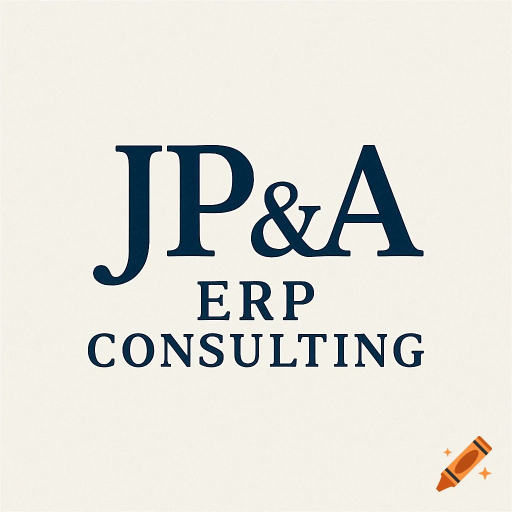 A dark blue logo for JP&A ERP Consulting on a light cream background.
