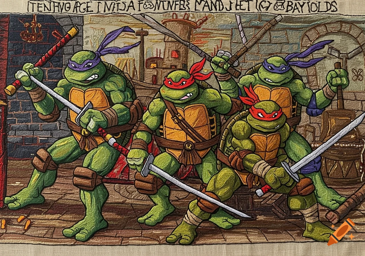 Four Teenage Mutant Ninja Turtles depicted in the style of the Bayeux Tapestry, holding their signature weapons.