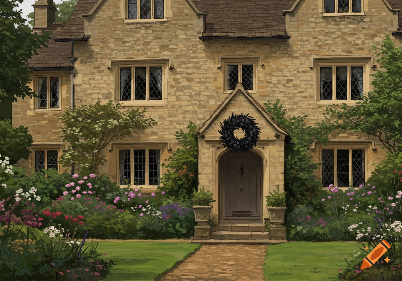 A stone country house with many windows, a front door adorned with a black wreath, and a vibrant garden leading to a path.