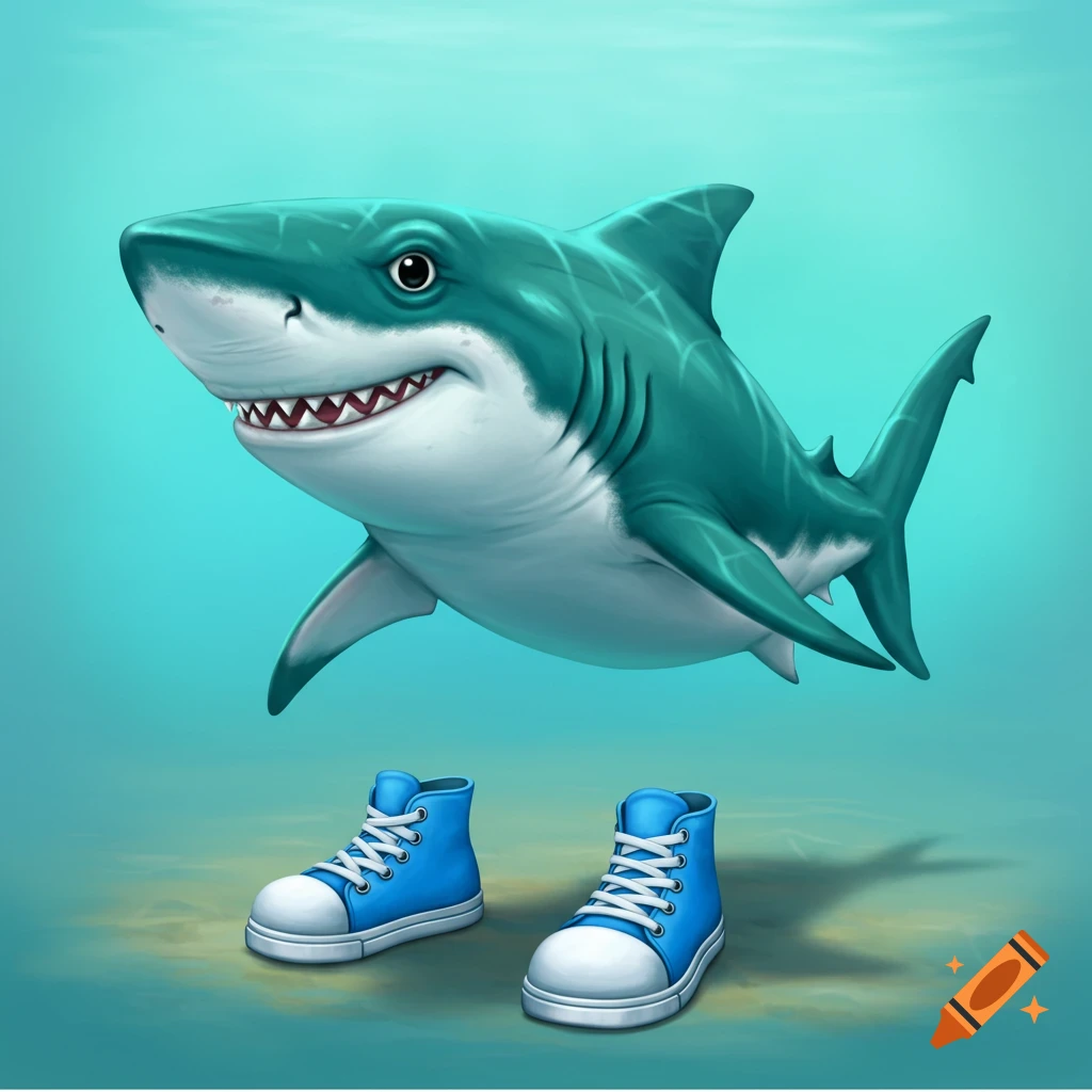 A cheerful cartoon shark with a wide smile swims above a pair of blue high-top sneakers on the ocean floor.