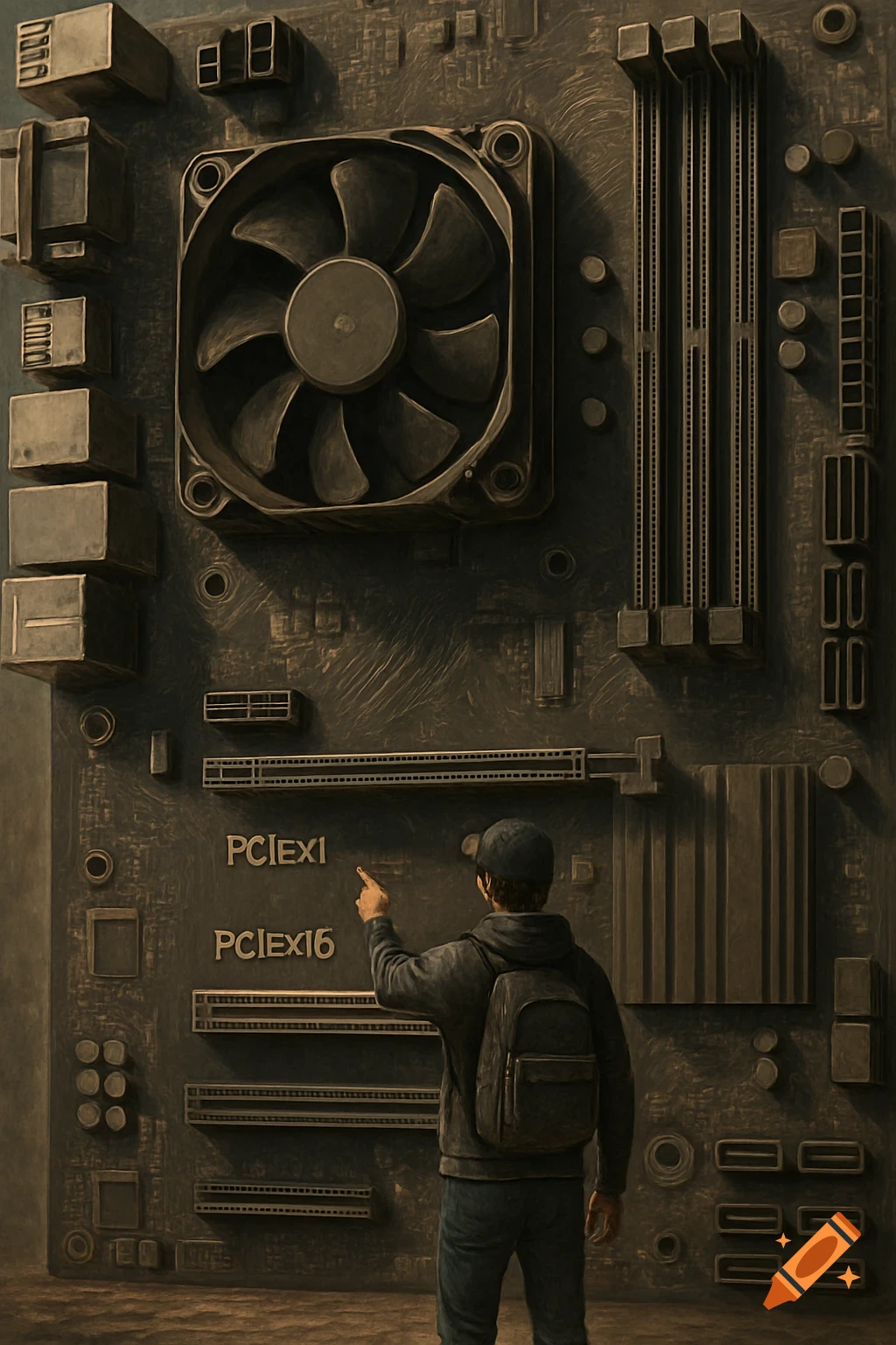 A person points at the PCIe X1 and PCIe X16 slots on a giant, detailed computer motherboard, depicted in a realistic style.