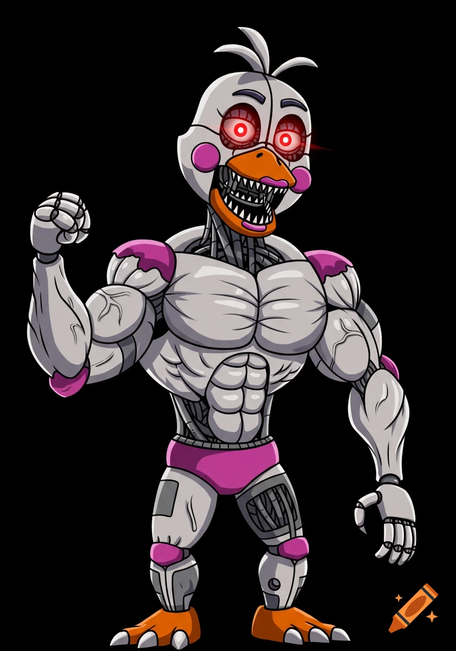Muscular Funtime Chica-like animatronic with glowing red eyes and sharp teeth, flexing a bicep on a black background.