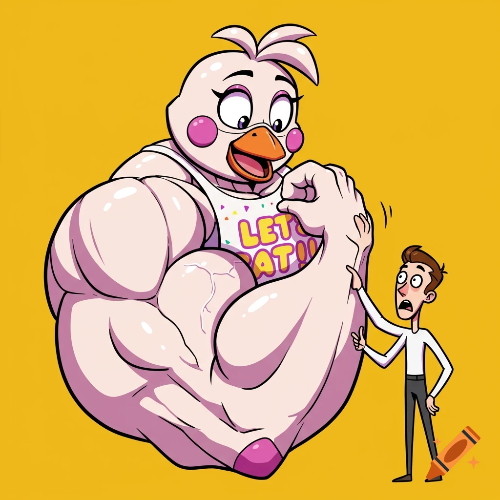 Cartoon of a muscular Funtime Chica showing her bicep to a surprised smaller man.