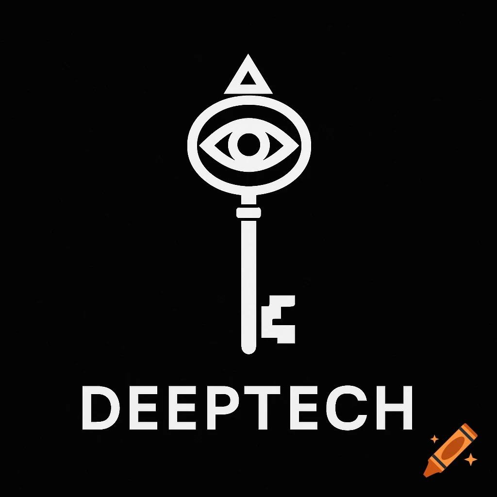 A minimalist white logo featuring a skeleton key with an eye symbol on its head, and the word DEEPTECH below it, on a black background.