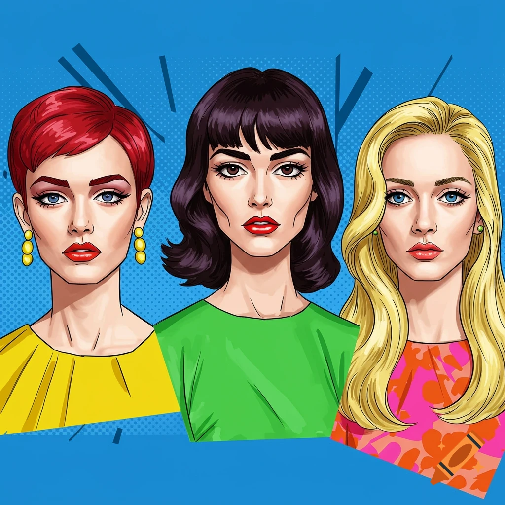 Pop art portrait of three women with different hair colors and vibrant clothing on a blue background.
