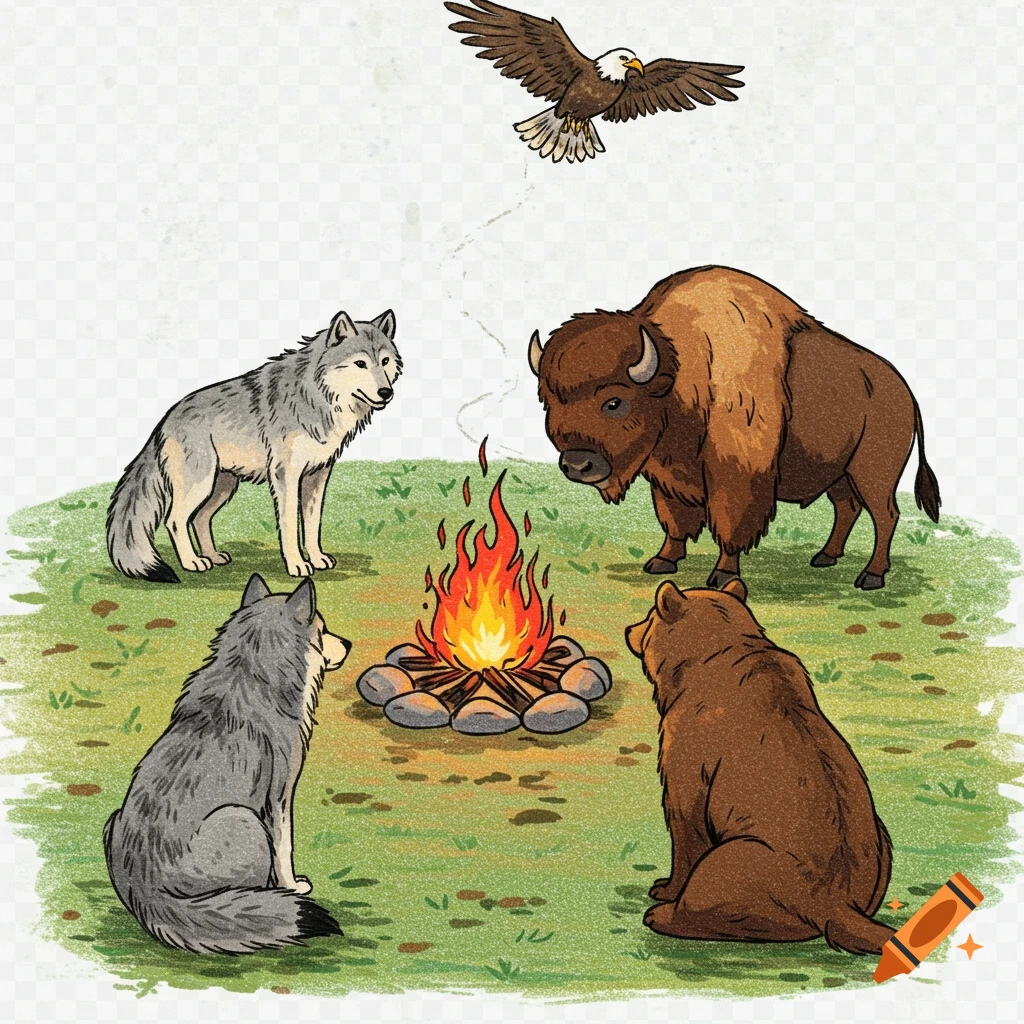 Crayon-style illustration of a wolf, bison, bear, and eagle gathered around a campfire.