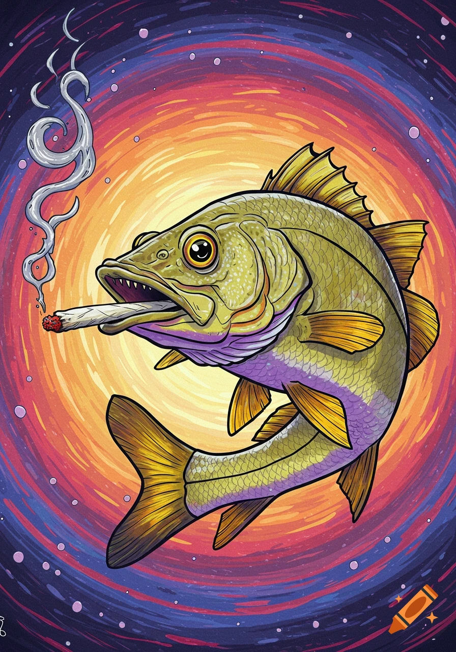 A colorful, cartoon-style illustration of a fish smoking a joint with smoke curling upwards against a psychedelic background.