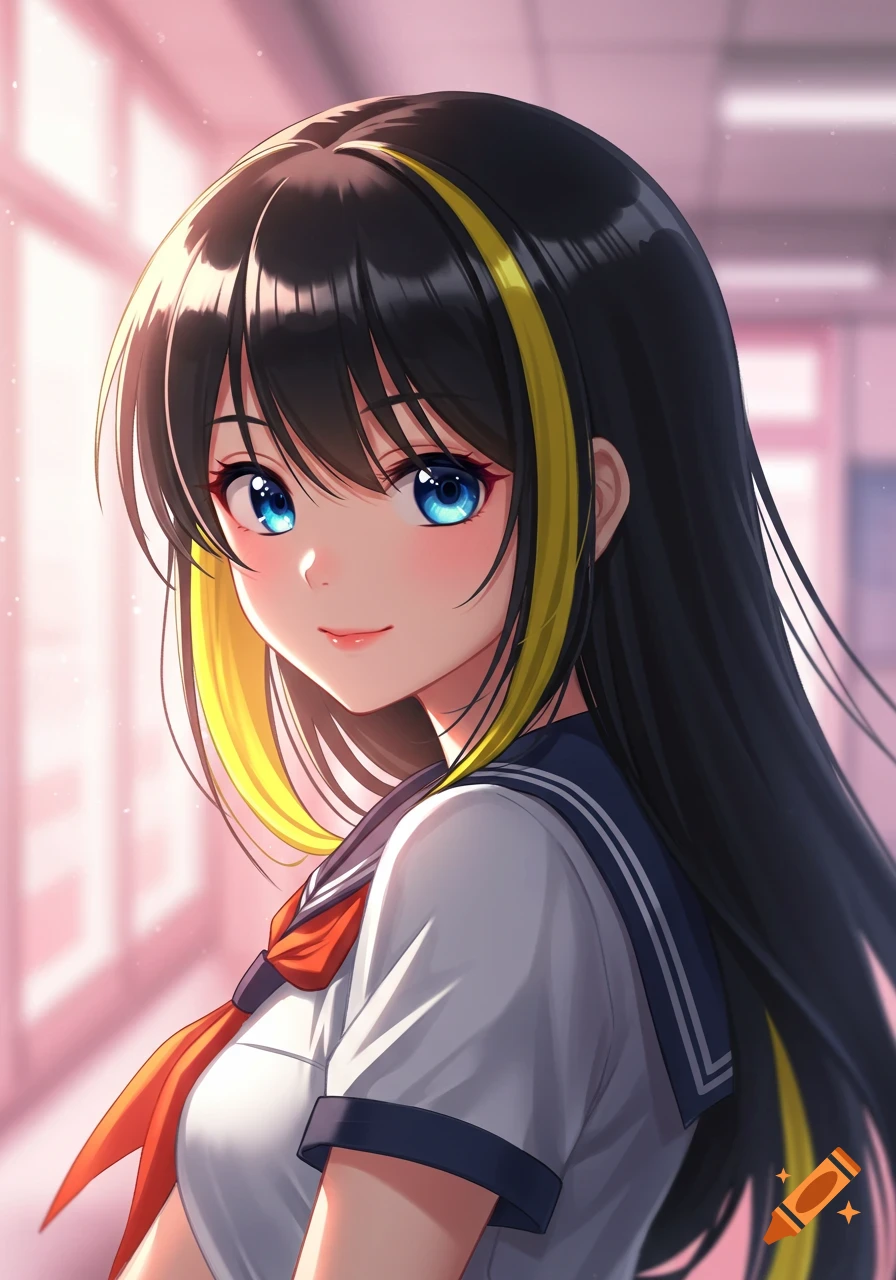 Anime portrait of a female student with long black hair, yellow highlights, and blue eyes, smiling in a school uniform.