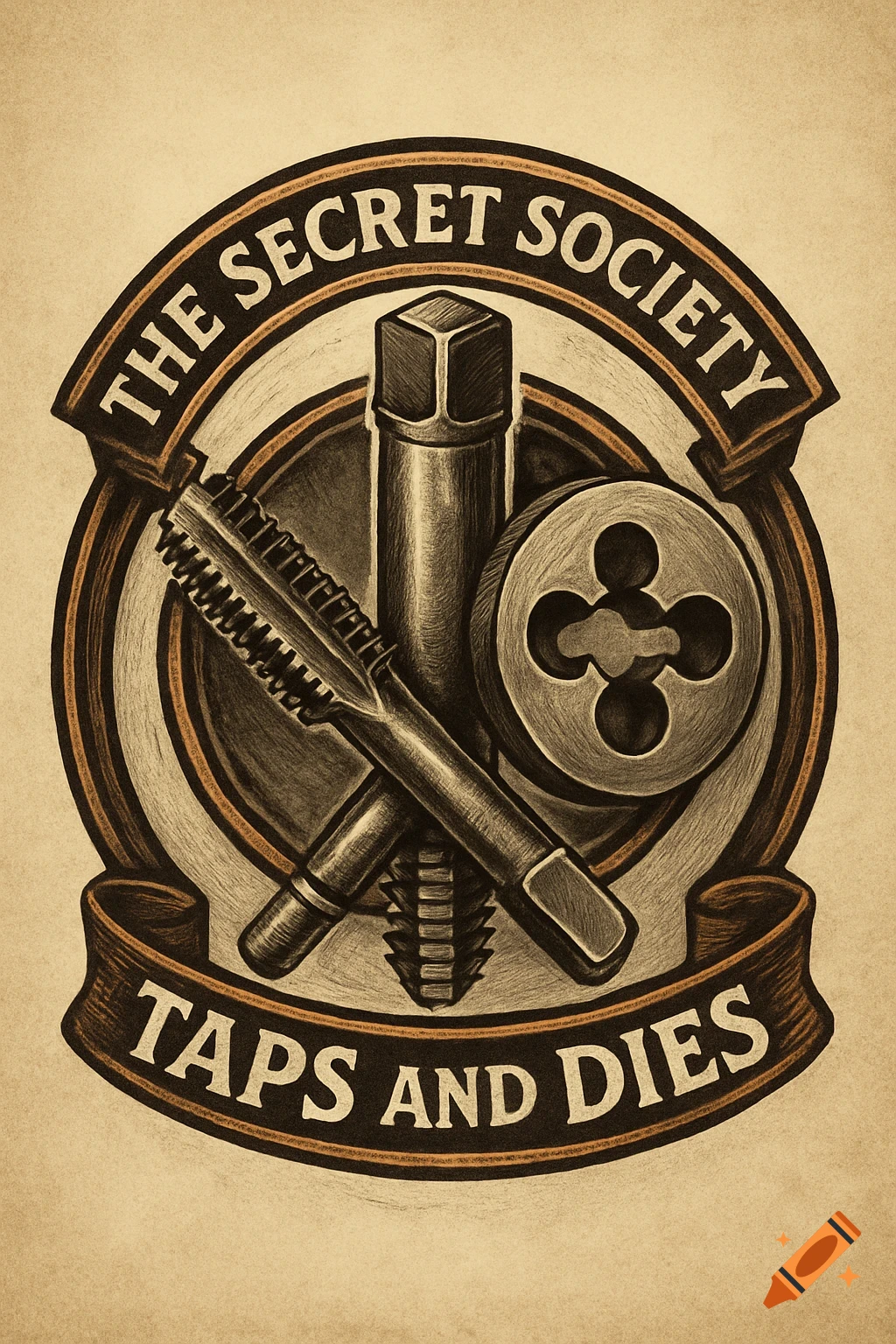 Vintage-style logo with crossed tap and die tools, featuring text "The Secret Society" and "Taps and Dies" on banners.