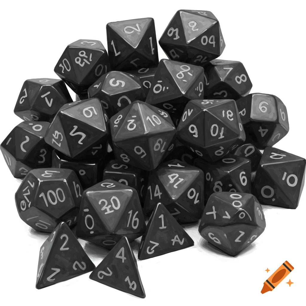 A close-up, top-down view of a large pile of polyhedral dice in black and white, scattered across a white background.