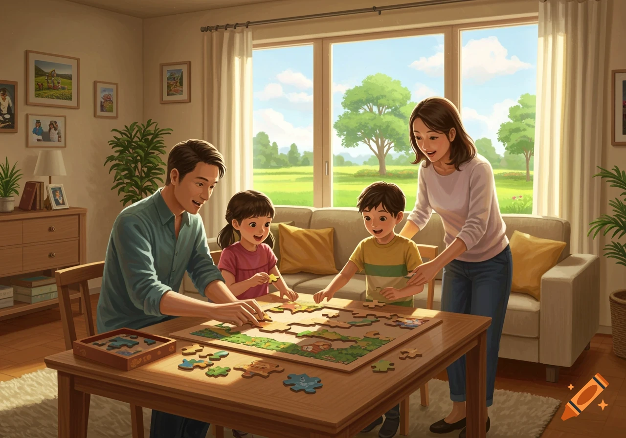 A family of four, including parents and two children, happily assemble a puzzle on a table in a sunny living room.