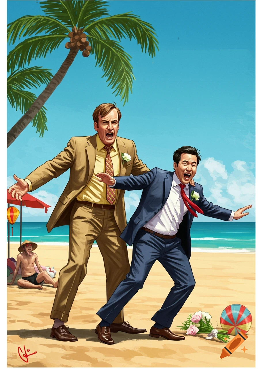 A stylized illustration of two men in suits, one yelling and one laughing, on a beach with a palm tree.