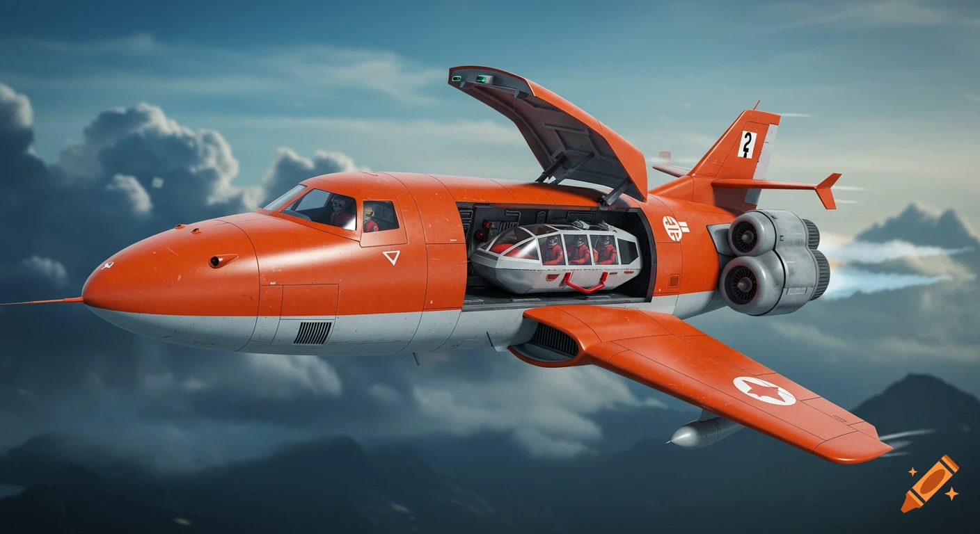 An orange Thunderbird Two aircraft flying through clouds with its cargo bay open, showing a white submarine inside.