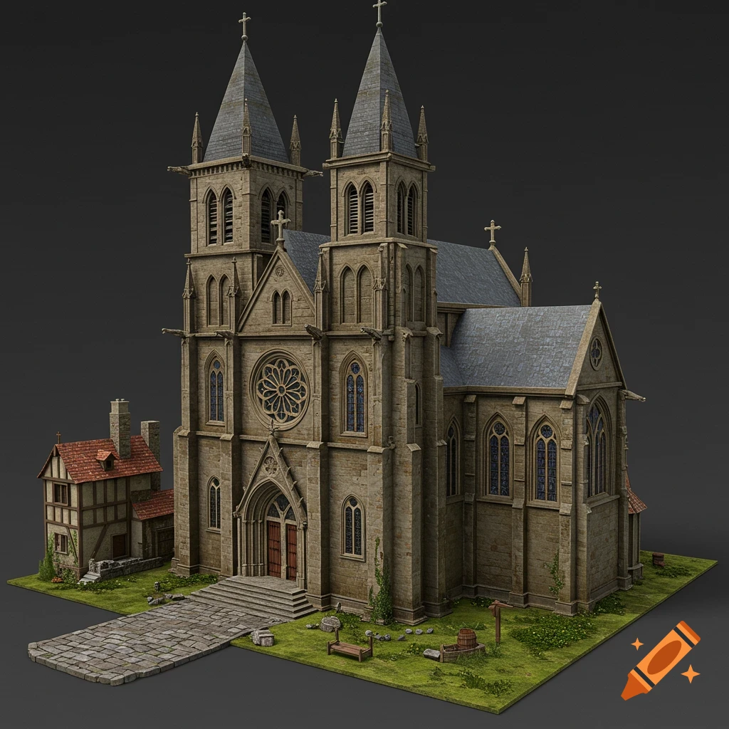 A detailed 3D model of a medieval church with twin spires, a rose window, and a stone path leading to its entrance.