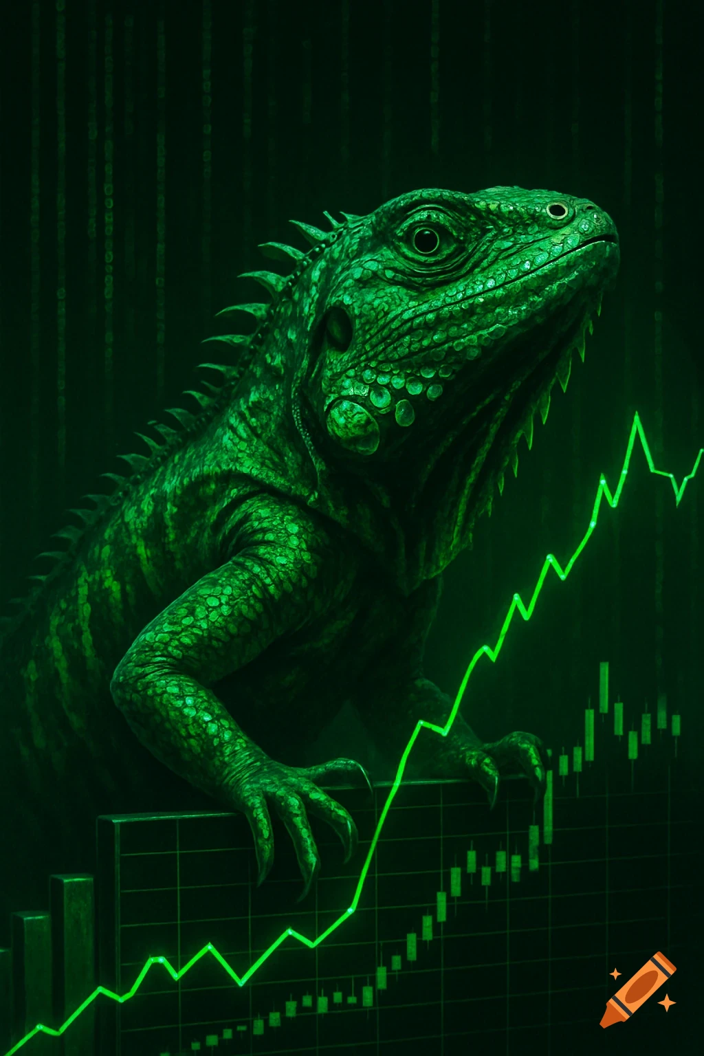 A green iguana sits on a glowing green financial chart with a dark, matrix-like background.