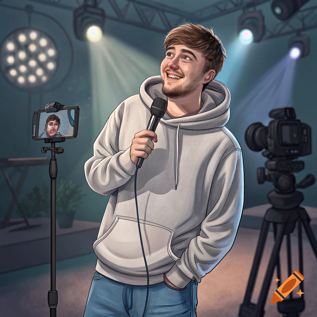 A smiling man in a white hoodie holds a microphone on a stage with spotlights, a camera, and a phone recording him. Illustration style.