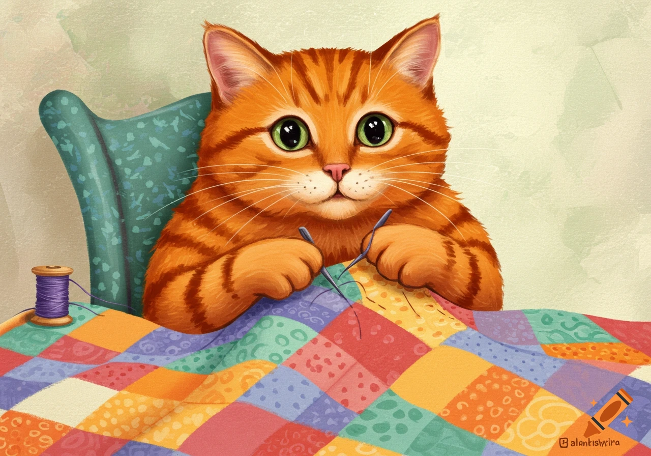 An orange tabby cat with big green eyes sits in a chair, holding needles and sewing a colorful patchwork quilt. Illustrated in a cute style.