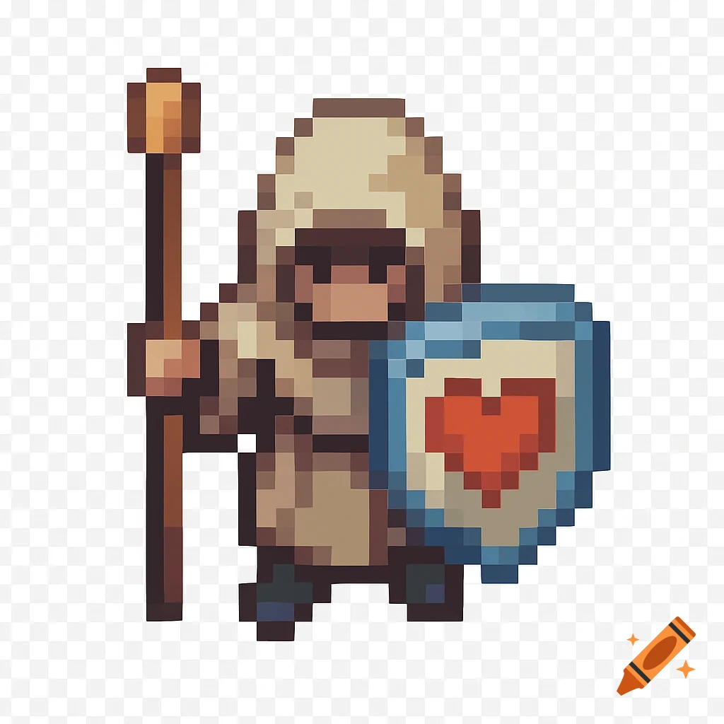 Pixel art of a robed healer character holding a staff and a shield with a red heart symbol on a transparent background.