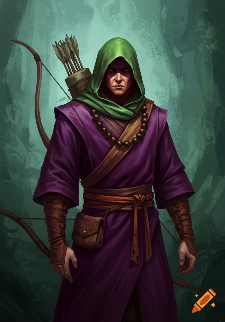 A warrior monk in a purple robe and green hood, holding a longbow and ...