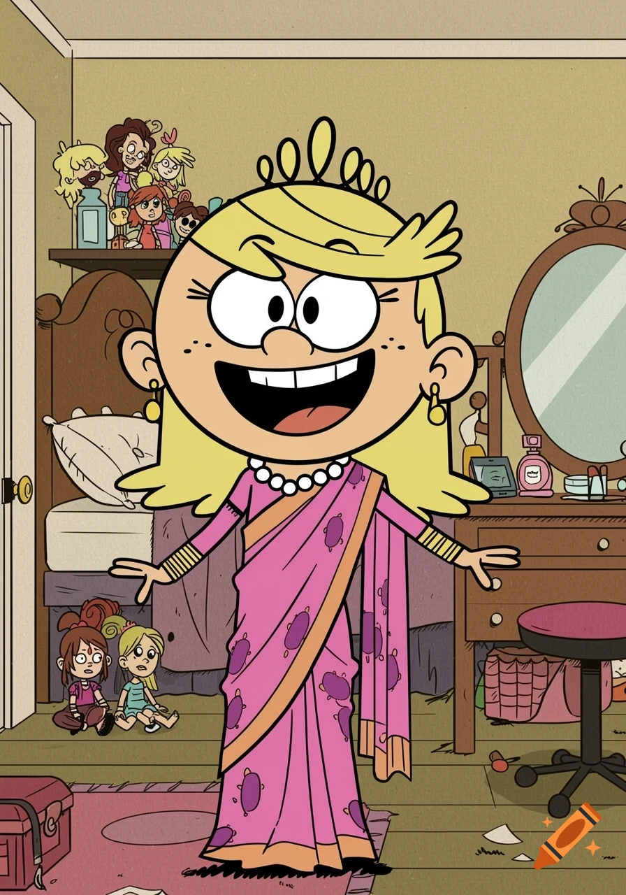 Lola Loud from The Loud House, with blonde hair, wearing a pink saree, smiling in her room, in a cartoon style.