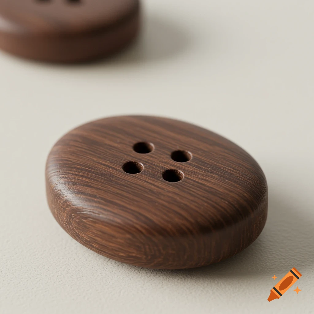 A close-up, photorealistic image of an oval dark wood button with four holes, resting on a light surface.