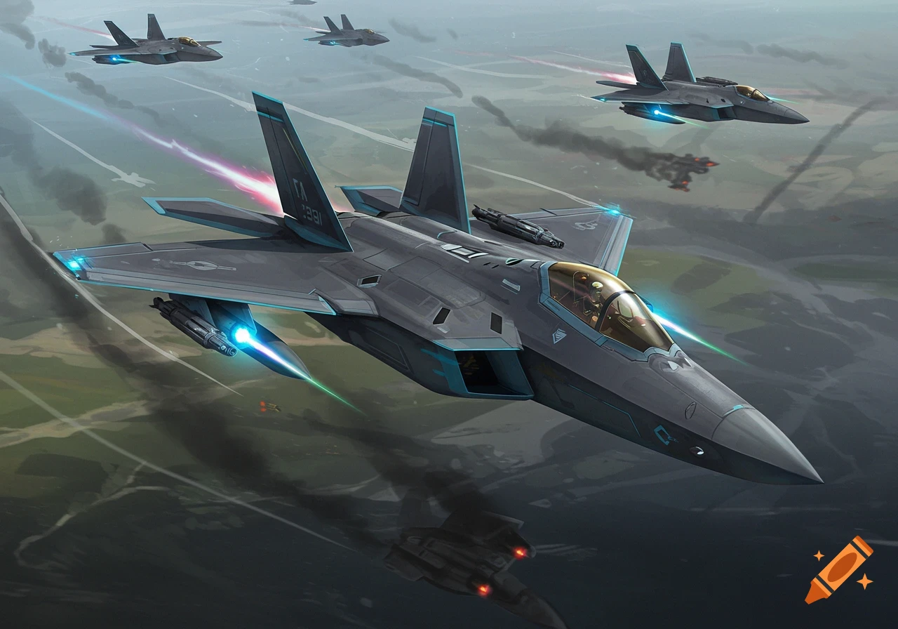 Several dark grey futuristic fighter jets with glowing plasma effects fly in formation over a cloudy landscape, digital art.