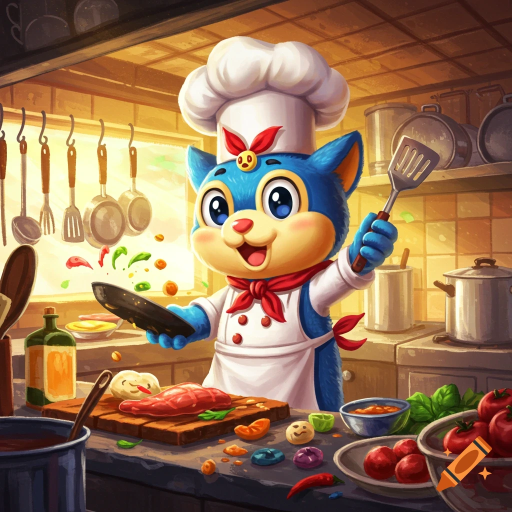A cute blue cat chef in a white uniform and chef's hat, smiling while cooking in a busy kitchen. It holds a pan with food and a spatula.