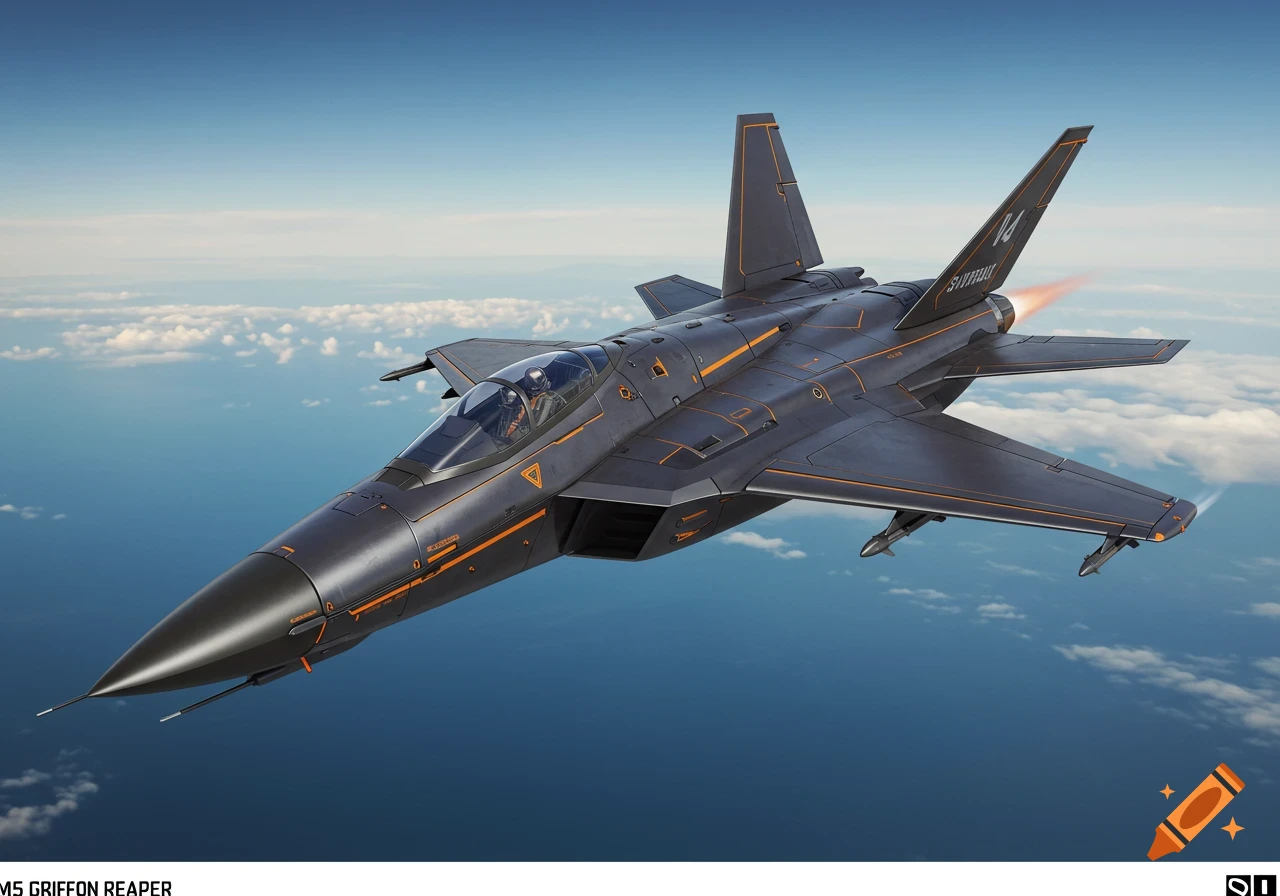 A dark grey futuristic fighter jet with orange accents flies through a blue sky with scattered clouds.