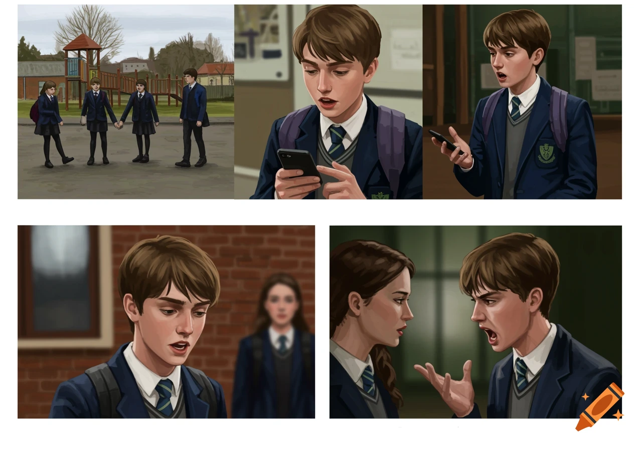 Digital art collage showing a teenage boy and other students in school uniforms on a playground, using phones, and arguing.