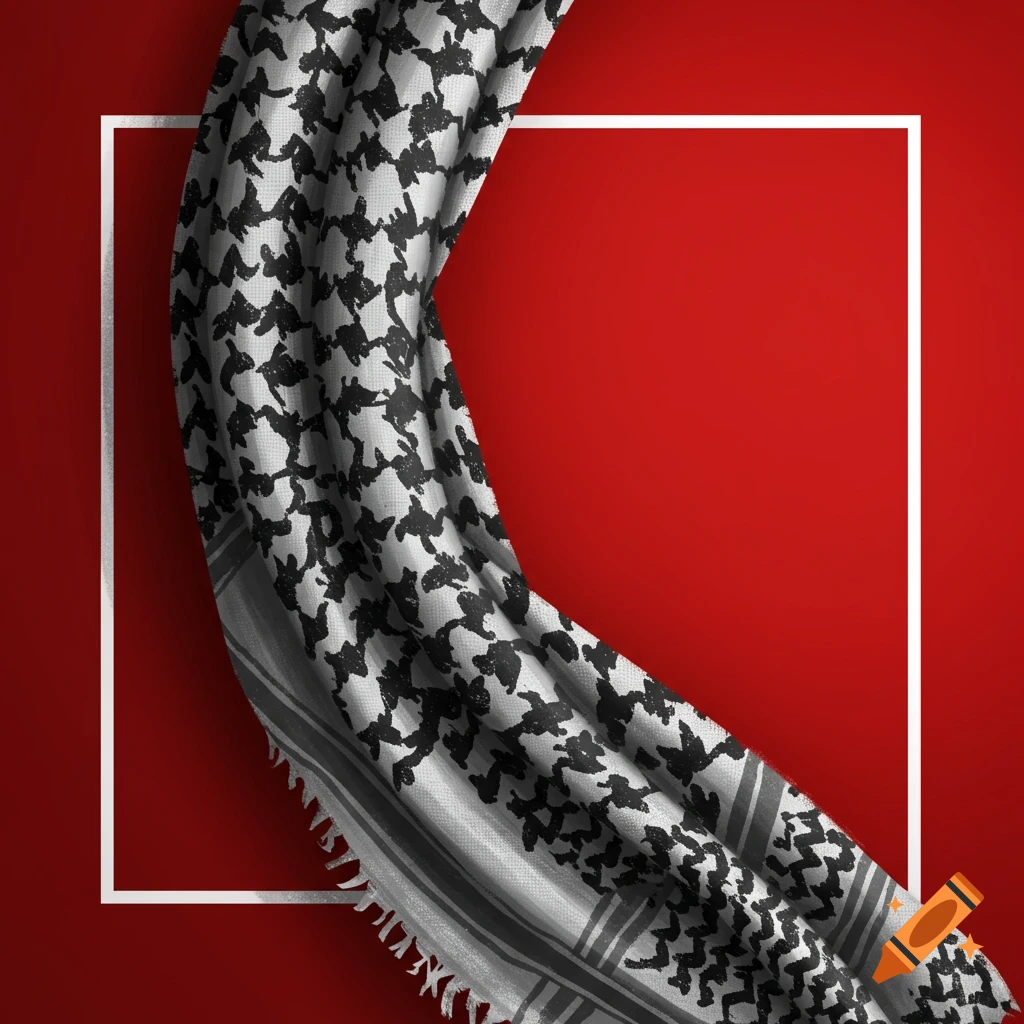 A black and white keffiyeh scarf draped against a vibrant red background, framed by a white rectangle.