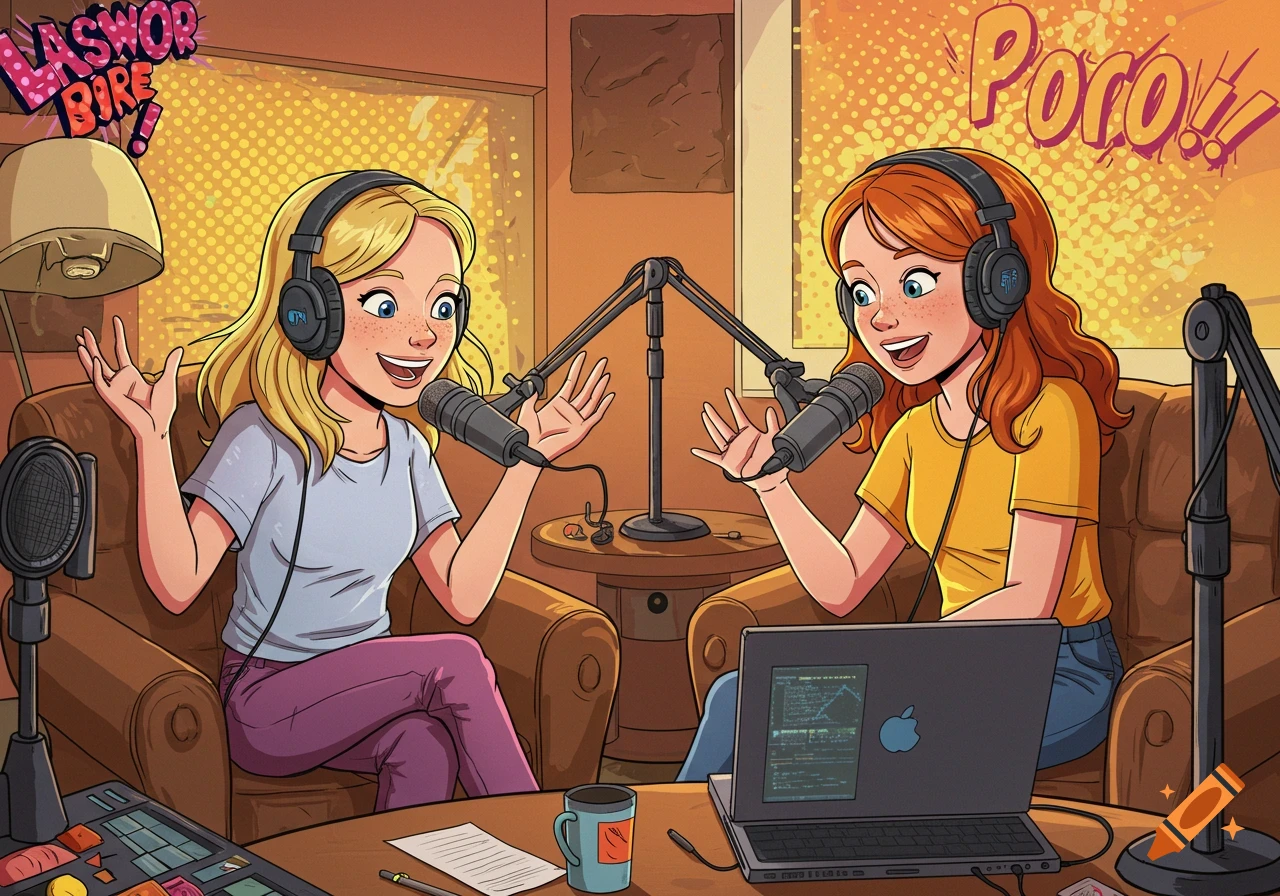 Cartoon illustration of a blonde and a red-haired girl with headphones talking into microphones, recording a podcast.