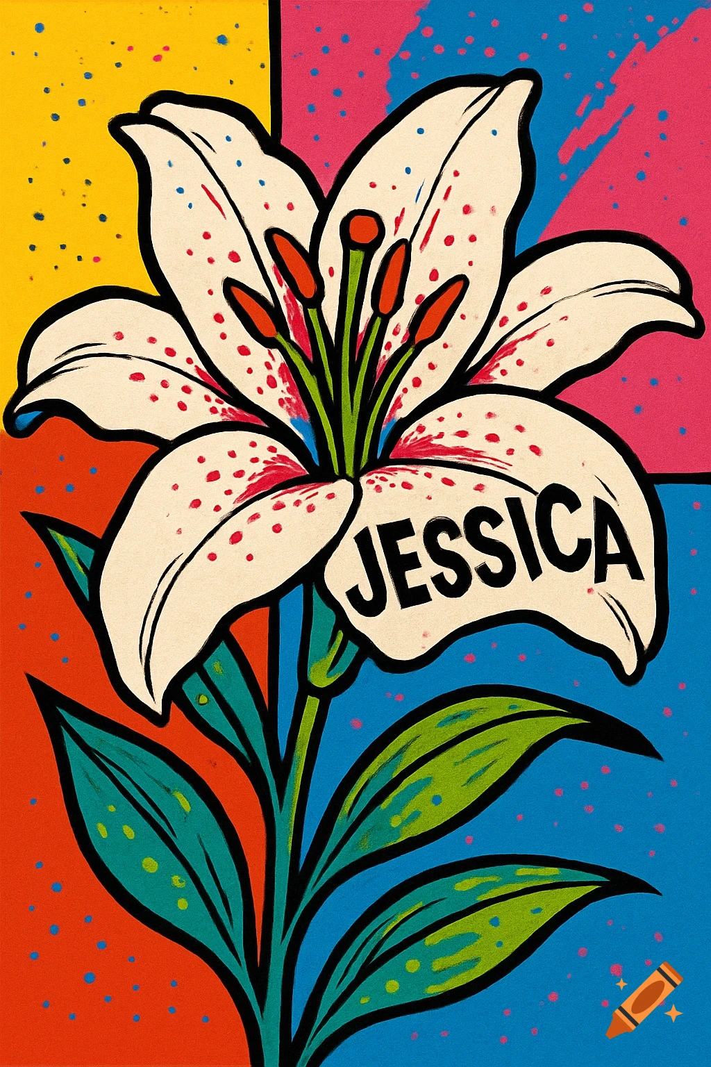 A colorful pop art illustration of a white lily with red speckles, green stem and leaves, with the name "JESSICA" written on a petal, against a vibrant background of yellow, pink, blue, and orange blocks with paint splatters.